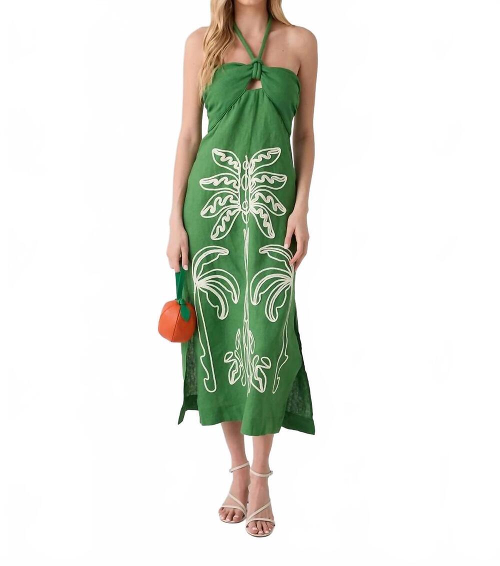 NEW FARM RIO palm tree embroidery sleeveless midi dress in green